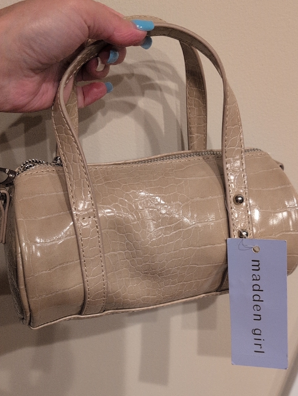 Madden Girl Beige Croc-Embossed Mini Barrel Bag